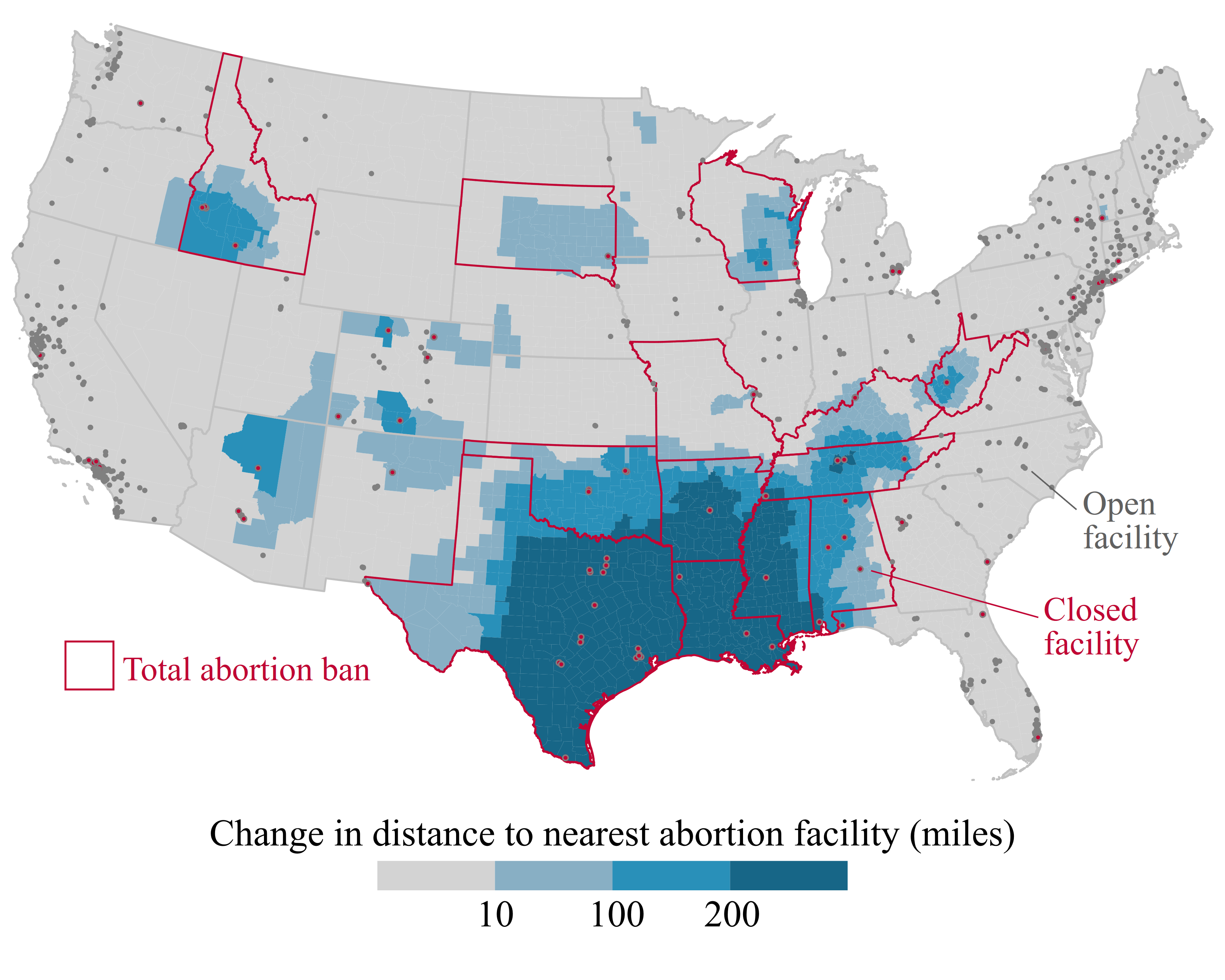 Map showing change in driving distance to nearest abortion facility after Dobbs, with largest increases concentrated in the South and Midwest