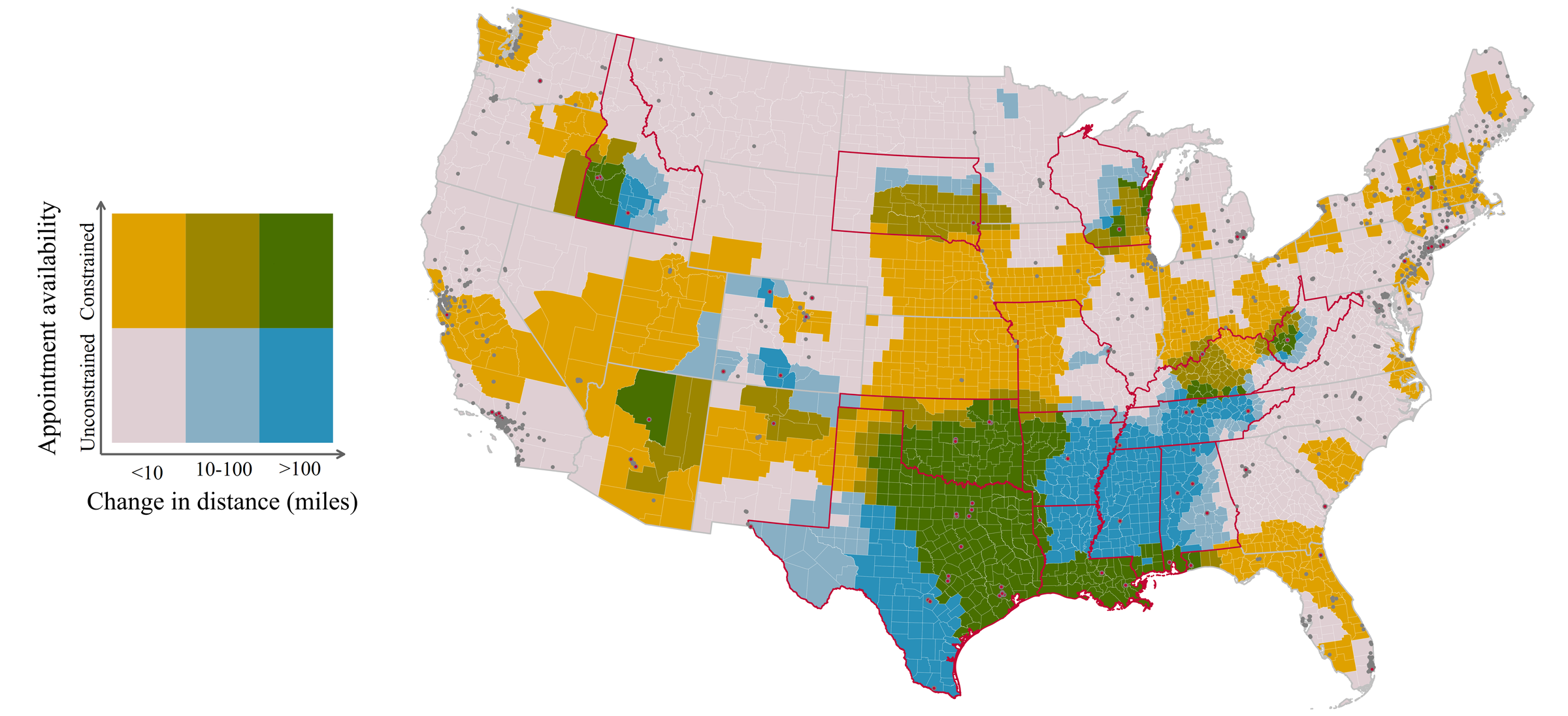 Bivariate choropleth mapping each county by the post-Dobbs change in driving distance to the nearest abortion facility and by appointment availability